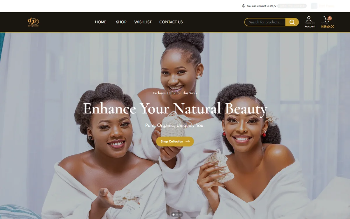 Dew Point Naturals homepage: Enhance Your Natural Beauty hero with a Shop Collection button
