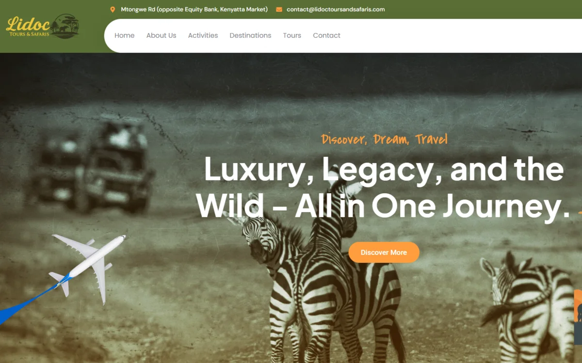 Lidoc Tours & Safaris homepage: Luxury, Legacy, and the Wild hero over a zebra herd